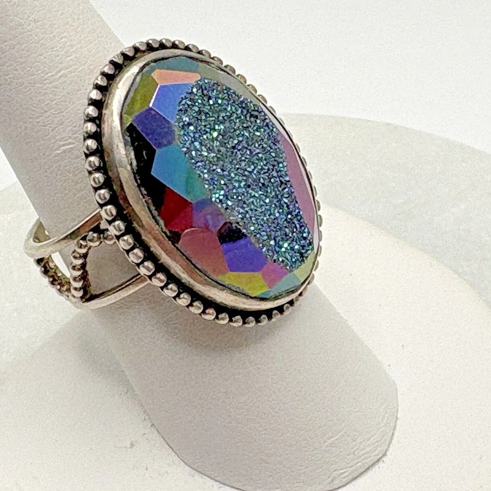 Colleen Lopez Sterling Silver Ring Titanium Mystic Druzy Quartz 9 Adjustable